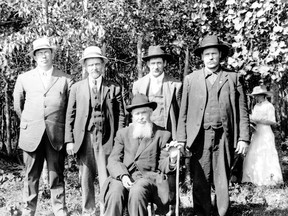 Richard Philip Ottewell (sitting) and his four sons, taken in 1913. After briefly living in Edmonton, Richard was one of the first settlers of the Clover Bar area in the early 1880s. Photo Courtesy Strathcona County Museum and Archives.