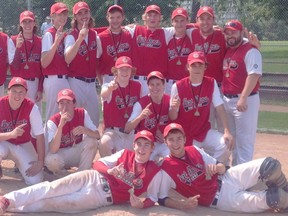 The Port Dover Carstar Simcoe midget Sailors won the Inter County championship this past weekend. Pictured are, front row: Garrett Walker and Harry Hopper. Centre row: Mac Mitchell, Skylar Johnson, Josh Townsend, Brent Tschirhart and Austin Lamb. Back row: coach Beau Berg, coach Glen Tweedie, Logan Stanley, Dawson Heron, Josh Slegers, Brian McCormack, Brett Pond, Tanner Vanzon, head coach Adam Mummery and coach Chad Lowe. Absent from photo: Colton McLeod. (Contributed Photo)