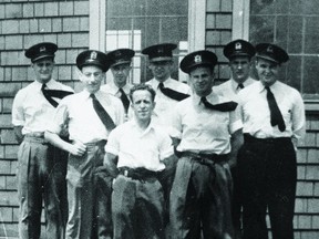 Former Goderich resident Mike McLean is seeking more information about the local contribution to the #12 Elementary Flying Training School which was present at Sky Harbour Airport from October 1940 to July 1944. McLean has amassed a number of photos from the time such as this one featuring ground instructors at the school, including (back row, from left: Harold Bettger, Jim Naftel, Keith Hopkinson and name unknown, middle row: name unknown, Joe Murphy and Bud Worthy. Peter Watson stands at front.