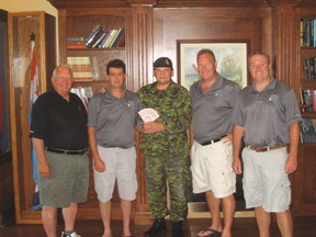 Music In The Fields has once again donated 100 tickets to the Canadian Forces. Committee members met with Chief of Staff Colonel Keith Lawrence of Land Forces Central Area in Toronto. These tickets were distributed among all of the soldiers, sailors and airmen and women within Ontario as part of a thank-you from Lucknow and the Kinsmen for all of the outstanding work that these troops do for our country. Pictured below are Kinsmen members: Bill Flett, Ken Irwin, Col Keith Lawrence, Steve Neeb and Ryan Greig. Troops will be coming from Petawawa, Ottawa, Meaford, London, Toronto.