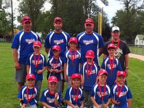 Back row (left): Coaches Duane Harmer, Jeff Hannon, Jason Murray, Steve Long. Middle row (left): Matthew Crawford, Jack Steinbach, Breeanna Long, Jarrett Van Bakel, Andrew Van Bakel. Front row (left): Cole Hannon, Kale Murray, Alyssa Eidt, Luke Murray, Andreas Harmer. Absent was Sunny Laroque.