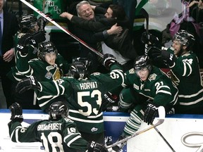 The London Knights bench erupts after video review confirmed Bo Horvat's game winning goal with one-tenth of a second left in the third period of game seven of the OHL championship at Budweiser Gardens against the Barrie Colts in London, Ontario on Monday, May 13, 2013. The Knights have teamed with the Western Mustangs softball program to help provide tickets to underprivileged youth. DEREK RUTTAN/QMI AGENCY