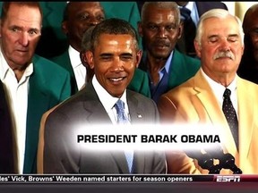 A screen grab from the Dolphins being honoured at the White House on Tuesday. (ESPN)
