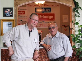 Judge Wilfred R. Dupont, original owner of the Northern Lites Motel (now the Thriftlodge), decided to check into his old motel last week during a visit to Cochrane.  Current owner Noel Tamakuwala was so pleased he offered his room on the house.