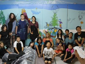 From August 6-9, Cochrane youth researched, designed and painted  a community arts project under the leadership of Aboriginal artists Tannis Nielsen and Holly Pichette.