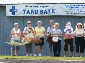 The Tillsonburg District Memorial Hospital Volunteer Association's yard sale committee is having its Tillsonburg Hospital Yard Sale on Saturday, Sept. 7, 8-2 at the Crystal Palace in the Tillsonburg Fairgrounds. From left are (front) Donna Scanlan, Monique Booth, June Stewart, Helen Chipps, Marie Smith, (back row) Annie Lesage, Carol Beselaere, Esther Sol, and Treva Lonsbary. CHRIS ABBOTT/TILLSONBURG NEWS