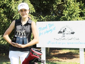 Kayleigh Trowman, out of The Bluffs Golf Club, holds trophies four of the five titles she's won this year on the Tyson Tour. She hasn't received hardware for her first win of the season, but she'll be shooting for the big end-of-season crown at the Sunningdale Invitational.  (Contributed photo)