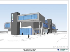 Lambton College officials still plan to move ahead with their proposed $30-million Centre for Health Education & Sustainable Care, pictured here as an artist's rendering. Provincial officials recently suggested no capital funding would be available for the college for the next few years. (Submitted photo)