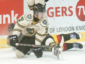 Corey Pawley, seen here playing last season with the London Knights, was traded Friday to the Kingston Frontenacs for a fourth-round pick in the 2014 OHL draft.
CRAIG GLOVER/London Free Press/QMI AGENCY