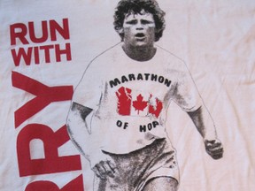 This image of Terry Fox is on this year's T-shirt for participants in the Sept. 15 Petrolia Terry Fox Run. The 23rd annual run includes a 2.5-kilometre family route, a five-kilometre route and a 10-kilometre route. SUBMITTED PHOTO