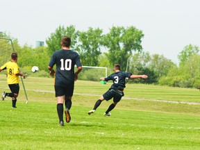 Portage United's Aaron Hourie lets a shot go during the United/King's Head Knights game in Winnipeg on Aug. 24. (Submitted photo)