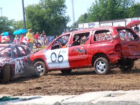 It was smash-up time for vehicles entered in the demolition derby Sunday at the Shedden Fair. This year's derby, held under ideal weather conditions, wrapped up the main events for the fair and filled the bleachers with spectators.