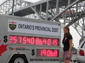 Candice Malcolm, Ontario Director of the Canadian Taxpayers Federation, stands in front of the Ontario Debt Clock. The debt clock came to Sarnia as one of many stops on a 28-day tour to raise awareness about the provincial debt load. As of Monday evening, the provincial debt worked out to $19,068 per person.

LIZ BERNIER/ THE OBSERVER/ QMI AGENCY