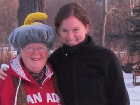 Great Auntie Red (Florence Holt) dons a curling hat with Jen in Lumsden, Sask.
