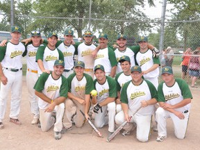 The Mitchell Athletics won their fourth title in the past five seasons with a 14-10 win over the defending champion Steelers Sunday in the final day of the three-day weekend tournament at Keterson Park. Team members are (back row, left to right): Shayne McClure, Tyler Tolton, Brent Feltz, Terry Klumper, Bill Bradley, Pete Van Nynatten, Jeff Van Nynatten, Jason Thibeault. Front row (left): Nathan Van Herk, Bryan Stacey, Kevin Baetz, Jeremy Klumper, Mike Krug, Mark Mohr.