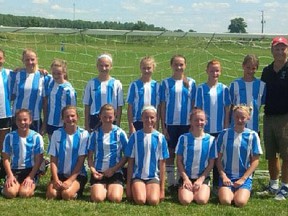 North Huron Nexus won the WMYSL U13 championship. Pictured here, back left: Claire Stoecker, Lindsay Wright, Fiona McIlhargey, Shannon Squire, Neeliah Lewis, Amy Laughlin, Hannah Greer, Jamie Pritchard and Coach Ray Lewis. Front: Riley Shore, Josephine Noel, Bryn Lewis, Camryn Talbot, Chloe Ferguson and Liv Hussey. Missing are Jill Nixon and Sage Milne.