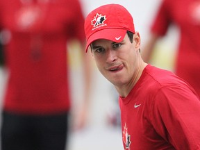 Canadian Olympic hopeful and Penguins captain Sidney Crosby plays ball hockey during Hockey Canada's orientation camp in Calgary on Monday, Aug. 26, 2013. (Al Charest/QMI Agency)
