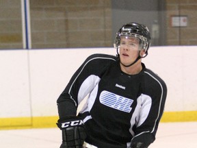 Kingston Frontenacs overage defenceman Michael Moffat works out at the Invista Centre on Tuesday. (Ian MacAlpine/The Whig-Standard)