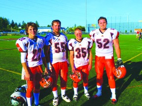 The four Portagers on the Okanagan Sun of the BCFC: (L-R) Cole Brydges, Chris Godin, Dylan Brydges and Devon Kozar. (Submitted photo)