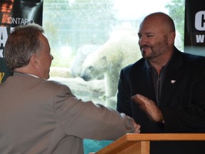 Mayor Politis welcomed Minister of Northern Development and Mines Michael Gravelle to the Polar Bear Habitat Monday evening. (Photo courtesy of Karen Cummings)