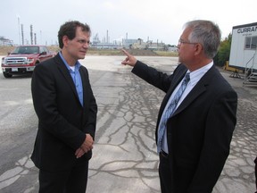 BioAmber CEO Jean-Francois Huc and Gary Goodyear, minister of state for the Federal Economic Development Agency for Southern Ontario, at Wednesday's announcement of a $12-million federal loan for the company's plant in Sarnia. (PAUL MORDEN, The Observer)