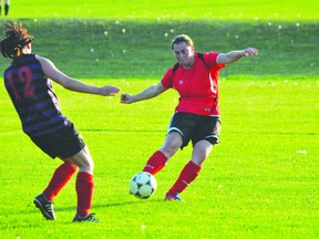 Jenna Rapai of the Portage Blaze lets a shot go during the Blaze/Heat FC game Aug. 28. (Kevin Hirschfield/THE GRAPHIC/QMI AGENCY)