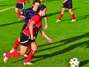 Jade Barrault of the Portage Blaze looks for an opening during the Blaze/Heat FC game Aug. 28. (Kevin Hirschfield/THE GRAPHIC/QMI AGENCY)