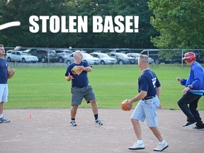 Tim Soltis of the Special Olympics Tillsonburg softball team tries to steal second base... but discovers second base has already been STOLEN! CHRIS ABBOTT/TILLSONBURG NEWS