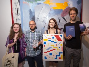 Emily Marshall, Kevin Rodgers, Megan McNeil and Patrick RoDee of Modern Fuel art gallery show off some of the perks available through their crowdfunding campaign on Indiegogo.com (Sam Koebrich/For The Whig-Standard)