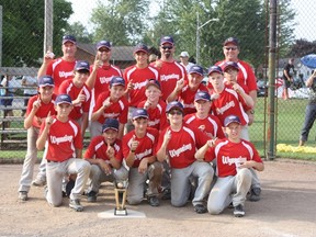 The Wyoming Wranglers major peewee team won the Ontario Baseball Association championships on Labour Day weekend. Pictured here is the team which includes Seth Blain, Shane Boelens, Collin Boyd, James Crummer, Elijah Duquette, Kage Dwinnell, Kyle Fowler, Ryan, Horton, DJ Langlois, Craig Livingston, Tie Maniuk, Braeden Nickles, Joey Nolan, Josiah Van Ruitenburg and coaches Al Hillis, Max Boyd, Calvin Fowler, and Dave Duquette.SUBMITTED PHOTO
