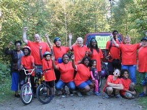 Members of the Anderson family celebrate the completion of the Ride4Leprosy that took them from Devon to Willey West Campground on Aug. 31. The family was recreating a ride done by their patriarch more than a decade ago.