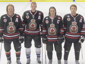 The Sarnia Legionnaires named their captains for the 2013-2014 season on Wednesday, Sept. 4. Left to right: Curtis Crombeen (assistant captain), Tyler Prong (assistant captain), Davis Boyer (captain), and Nathan Mater (assistant captain). SHAUN BISSON/THE OBSERVER/QMI AGENCY