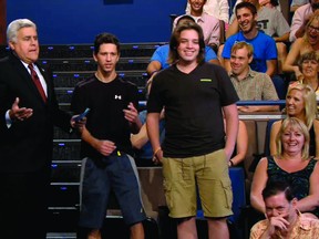 Brandon Watts (middle) and Keegan Paulette of Kingston with Jay Leno of the Tonight Show on Wednesday evening.
Screen capture from NBC.com