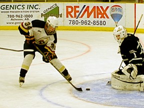 Paul Lovsin of the Saints was in close but couldn’t score during pre-season action against the Sherwood Park Crusaders. - Gord Montgomery, Reporter/Examiner