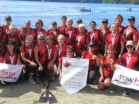 Linda Kuska of West Lorne and Carolyn Jensen of Frome are two members of the Rowbust dragon boat team which won the national championship in the breast cancer survivors division at Victoria B.C. Aug.23-25.