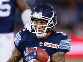 Chad Owens was badly banged up in the Argos' game against Montreal on Tuesday and is unlikely to dress for the rematch Sunday. (Stan Behal/Toronto Sun)
