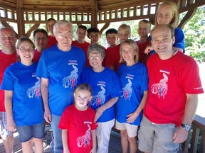 The entire family of Mary Lou Piggott and her husband Jim Piggott, who was diagnosed with Parkinson's disease two years ago, showed up to support them at the second annual Parkinson SuperWalk held at South Gate Centre on Sunday, Sept. 8, 2013. Back row from left:  John Norman, Chris Moorely, Janice Moorely, Justine Norman, Connor Moorely, Jason Moorely, Aden Schaefer, Alec Schaefer and Anna Schaefer. Middle row from left Joan Norman, Jim Piggot, Jenna Norman, Mary Lou Piggott, Chris Scaefer and Wader Schaefer. (HEATHER RIVERS, Sentinel-Review)