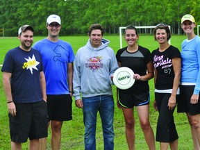 Daniel Bolton, Justin Toews, Jay Dewis, Andrea Mitchell, Janelle Botterill and Julene Toews-Dewis participated in the Ultimate Frisbee clinic at Republic of Manitobah Park Sept. 8. (Kevin Hirschfield/THE GRAPHIC/QMI AGENCY).