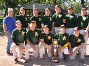 The Fullarton A’s won the Huron County men’s fastball league title this past weekend, going a perfect 4-0 in the double-knockout, 10-team tournament. Team members are (back row, left to right): Leroy Skinner (coach), Scott Kemp, Jamie Pearn (player/coach), Connor Maloney, Tom Fanson, Chris White, Scott Brookshaw, Jamie Pfeifer. Front row (left): Brady Siddall, Andrew Pearn, Adam Pearn, Trevor Pearn, Dale Hopf. Absent were Steve Pfeifer, Ryan Fewster and Aaron Skinner.