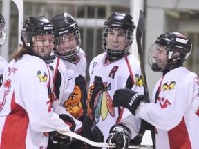 The Mitchell Jr. C Hawks open their 2013-14 Western Junior C regular season this Friday in Hanover, and the squad is hoping that veterans Ryan Sykes (left), Brent Rae, Jalen Aitcheson and Dillon Drinkwalter all have reasons to celebrate the upcoming season.