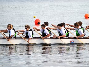 The North Lambton Super Strokers head to the start of the 500 meter mixed final at the National Dragon Boat Championships in Victoria, B.C. The Sarnia-Lambton team qualified for a spot at the international championships in Italy next September. (Submitted photo)
