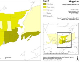 This graphic shows the makeup of Kingston from exurban to auto suburbs to transit suburbs to the active core.