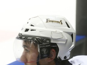 Kingston Frontenacs forward Corey Pawley, sitting on the bench during a practice Tuesday, brings winning experience to the team. (Ian MacAlpine/The Whig-Standard)