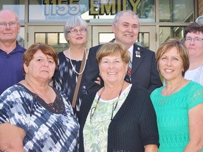 Representatives of the Moore Community Foundation and the three organizations that received its grants this year were on hand to describe local initiatives to council at a recent St. Clair Township meeting. Pictured are, from left (front), Darlene Pepper of the Brigden Community Decoration Team, Mary Jane Marsh, chair of the foundation, Anne Hazzard, co-chair of the Brander Park Splash Pad Committee, (back) Dave Taylor, Kathleen Smith, and Jim Townsend of the Moore Museum Advisory Committee, and Laurie Mason, curator of Moore Museum.