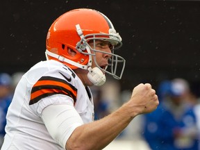Cleveland Browns quarterback Brandon Weeden celebrates a touchdown pass against the New York Giants in the first half of their NFL football game in East Rutherford, New Jersey, October 7, 2012. (REUTERS)