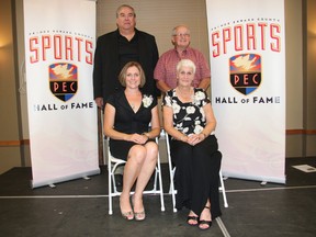 The Prince Edward County Hall of Fame welcomed four new members during a ceremony at Highline Hall at the Essroc Arena on Saturday night. They included (in rear on left) Dan Dulmage and Doug Stone who represented his late brother-in-law Louis Garrison. They were joined by Rebecca Chambers (front left) and Carol Ireland.