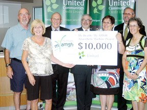 United Communities Credit Union in Goderich recently donated $10,000 to the Alexandra Marine and General Hospital Foundation’s My Health, My AMGH anesthetic machine program. Here for the cheque presentation on Wed., Sept. 11 were (left to right) Myles Murdock and Carol Henry of the hospital foundation, Mayor Deb Shewfelt, credit union CEO and president Jim Lynn, branch manager Pat Redshaw and credit union board of directors’ members David Marshall and Donna Taylor. (Dave Flaherty/Goderich Signal-Star)