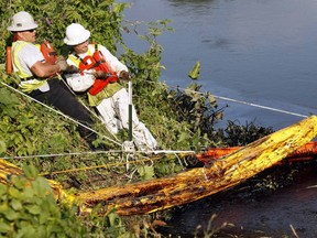 Cleanup workers tie absorbent booms to the shore of the Kalamazoo River in Battle Creek, Michigan after an oil  pipeline, owned by Enbridge, leaked an estimated 820,000 gallons of oil into the river near Marshall, July 31, 2010.
REUTERS/Rebecca Cook