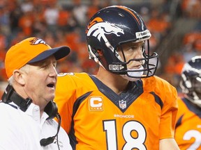 Denver coach John Fox and quarterback Peyton Manning beat the Ravens on Thursday night. (REUTERS)
