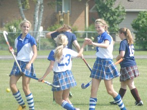 GDCI Vikings celebrate during a 5-0 win over Clinton St. Anne’s in the opening game of the Huron Perth Athletics field hockey season.